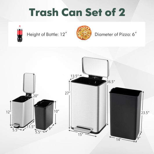 10.5 Gal and 1.6 Gal Step Trash Can Combo Set with Detachable Inner Buckets-Silver