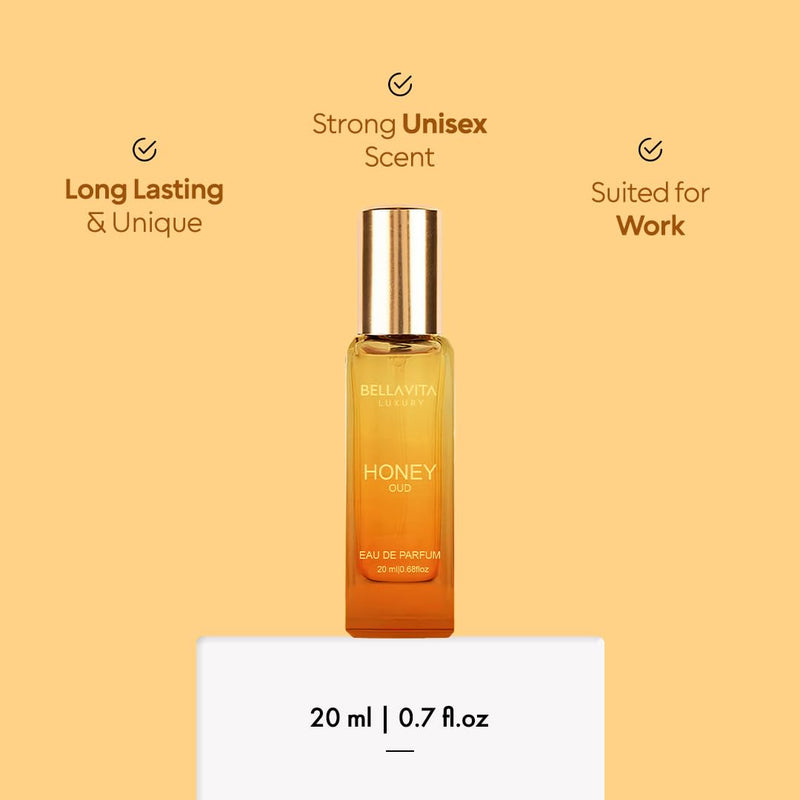 Bellavita Luxury Honey oud Eau de Parfum | 20 ml (0.7 fl.oz.) | Travel Size Perfume for Men and Women | Sweet Honey, Bergamot, Oud, and Amber Notes | Long Lasting Unisex Fragrance
