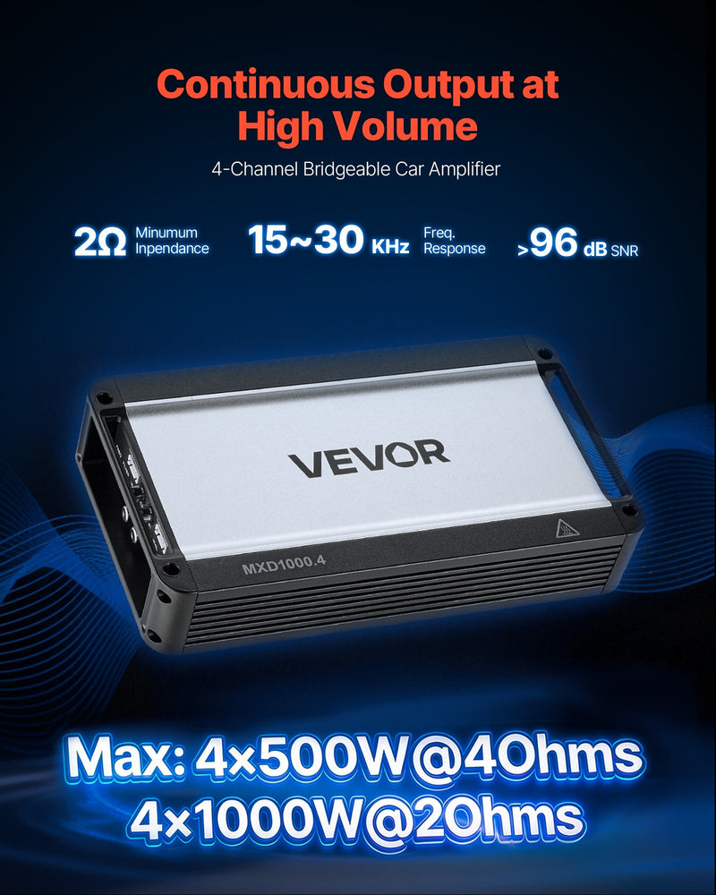 4 Channel Car Audio Amplifier 2 Ohm Stable Bridgeable Class D Full Range Amp Max Power 4 x 500W @ 4 Ohm / 4 x 1000W @ 2 Ohm for Car SUV Truck Off-Road