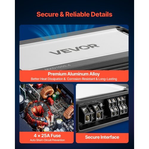 4 Channel Car Audio Amplifier 2 Ohm Stable Bridgeable Class D Full Range Amp Max Power 4 x 500W @ 4 Ohm / 4 x 1000W @ 2 Ohm for Car SUV Truck Off-Road