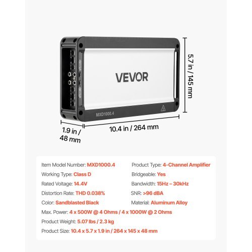 4 Channel Car Audio Amplifier 2 Ohm Stable Bridgeable Class D Full Range Amp Max Power 4 x 500W @ 4 Ohm / 4 x 1000W @ 2 Ohm for Car SUV Truck Off-Road