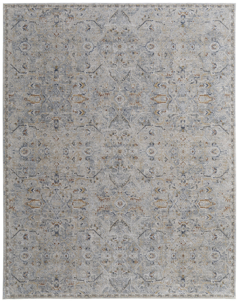 8' X 10' Ivory Tan and Blue Abstract Power Loom Worn Faded Area Rug With Fringe
