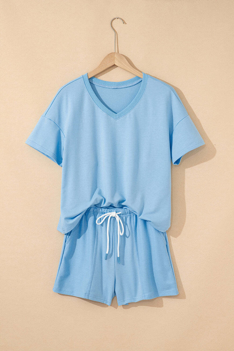 Myosotis V Neck Drop Shoulder Tee and Patchwork Drawstring Shorts Set