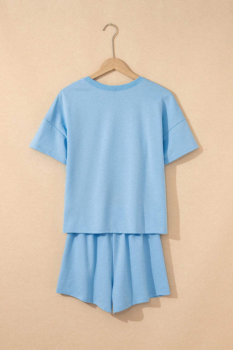 Myosotis V Neck Drop Shoulder Tee and Patchwork Drawstring Shorts Set