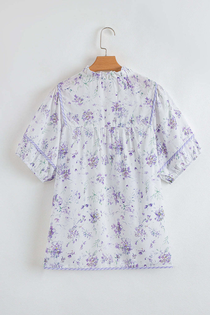 Purple Floral Trimmed Detail Split Neck Plus Size Top