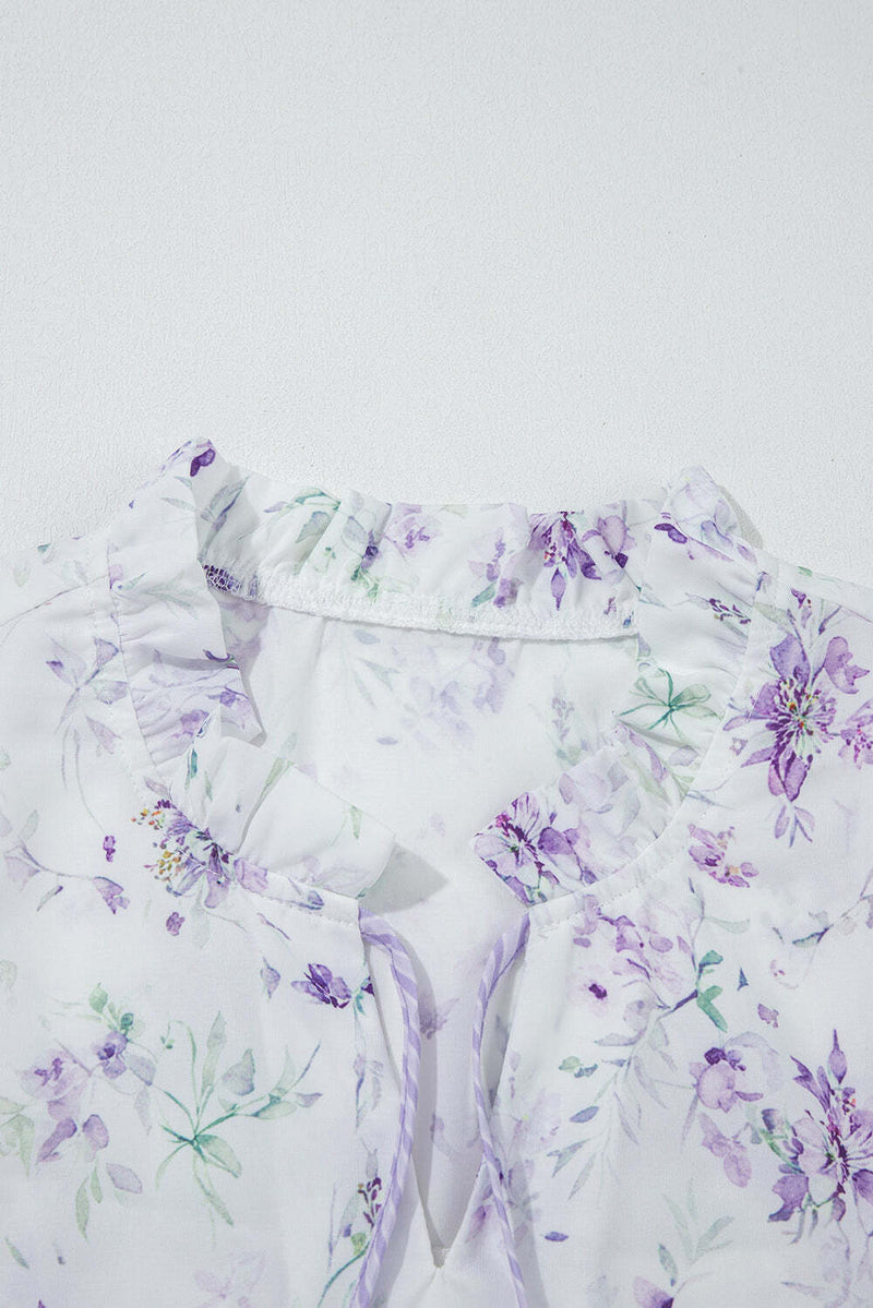 Purple Floral Trimmed Detail Split Neck Plus Size Top