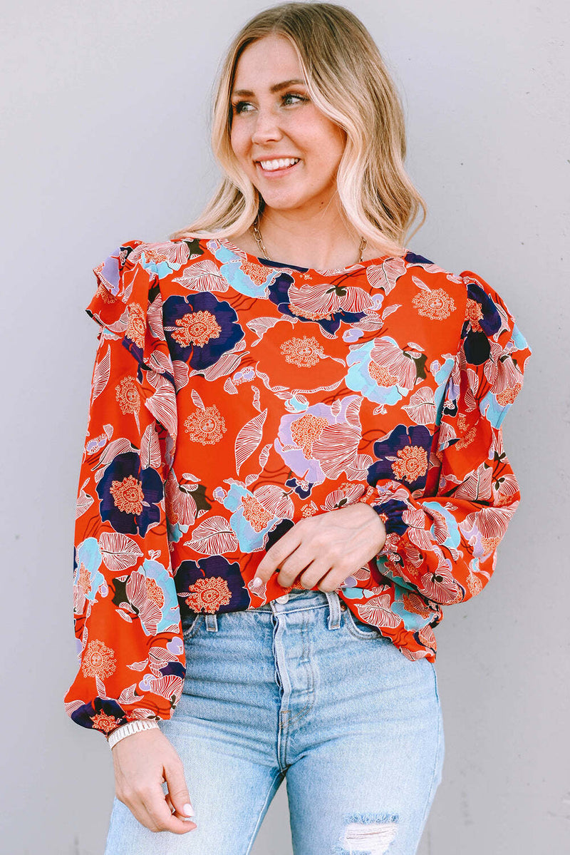 Fiery Red Floral Print Ruffle Puff Sleeve Blouse