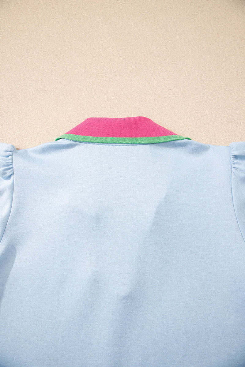 Beau Blue Color Contrast Ruffled Sleeve Collared V Neck Blouse
