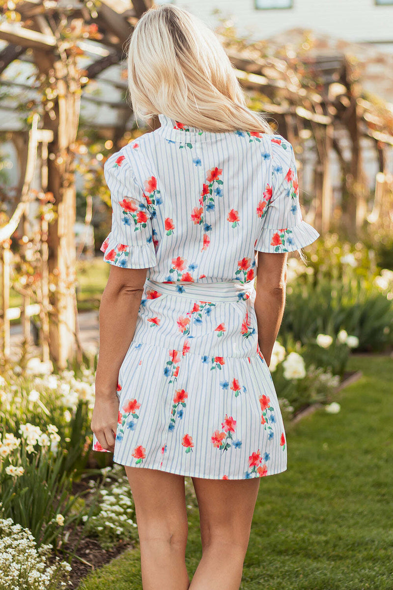 Sky Blue Stripe Floral Pattern Ruffle Short Sleeve Belted Mini Dress