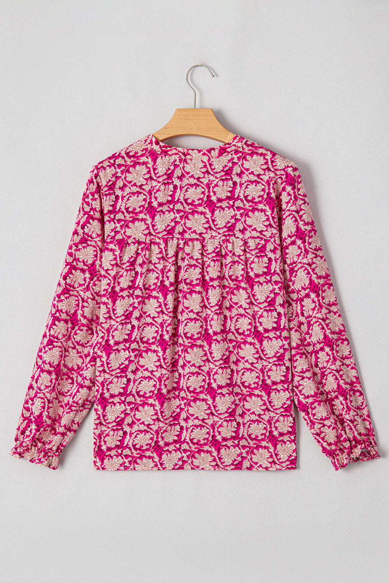 Pink Floral Print Split Neck Pleated Puff Sleeve Blouse