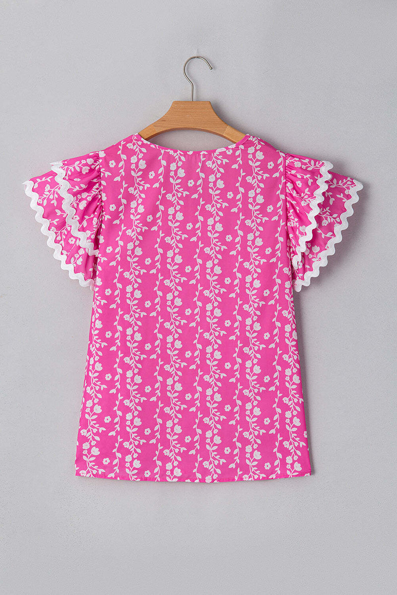 Pink Floral Print Ric-rac Tiered Ruffled V Neck Blouse