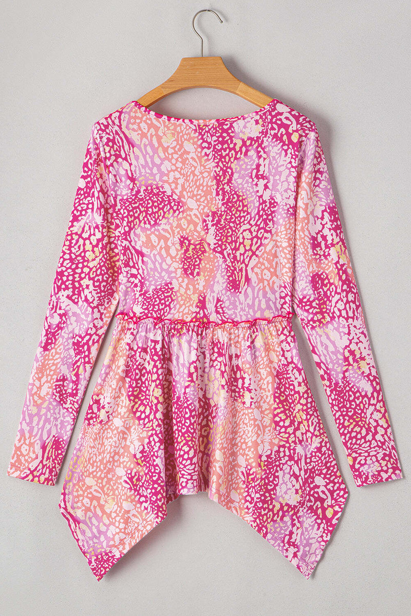 Rose Classic Leopard Print Handkerchief Hem Tunic Top
