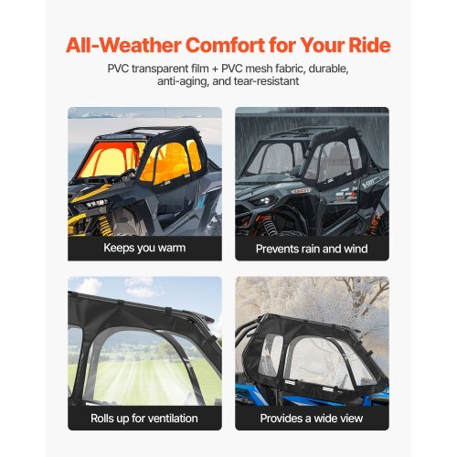 Cab Enclosure Upper Doors, Compatible with Polaris RZR XP 1000/XP Turbo 2014-2023, Soft Upper Doors, Windproof Upgraded Zipper UTV Soft Side Window Kit, Work with Side Mirrors and Windshields