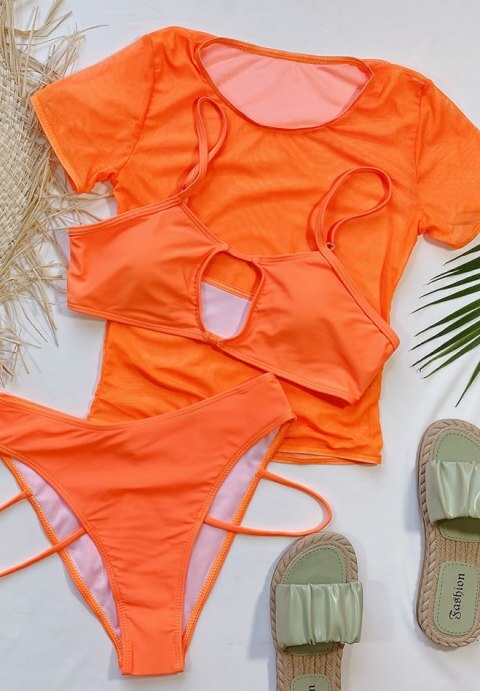 3pack Cut Out Mesh Bikini Swimsuit With Cover Up