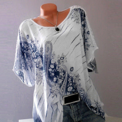 Hot Sale Fashion Casual Digital Printing Lace Large Size Short Sleeve Women's Clothing