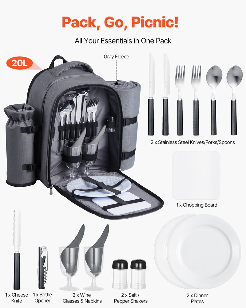 Picnic Backpack, Beach Picnic Backpack Bag for 2 Person with Insulated Cooler Compartment, Detachable Bottle/Wine Holder, Lightweight Blanket, Plates and Cutlery Set for Hiking, Camping, Grey