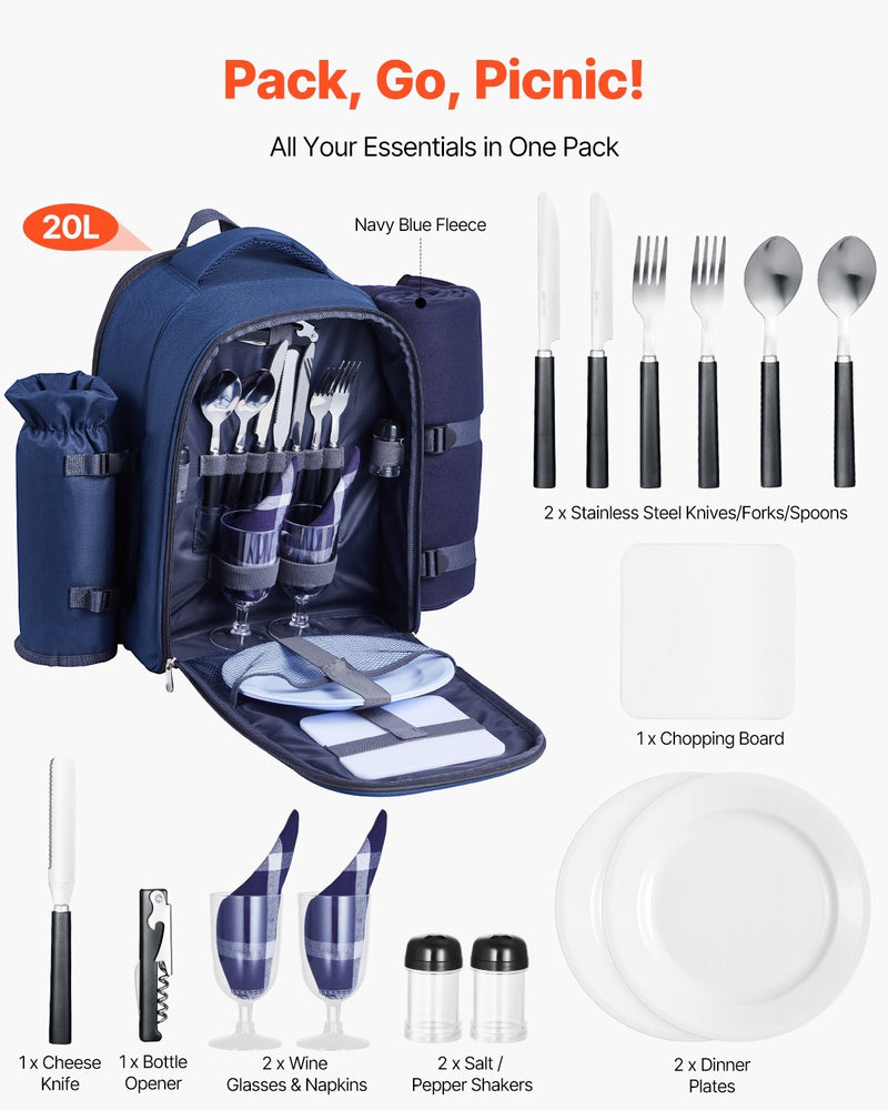 Picnic Backpack, Beach Picnic Backpack Bag for 2 Person with Insulated Cooler Compartment, Detachable Bottle/Wine Holder, Lightweight Blanket, Plates & Cutlery Set for Hiking, Camping, Navy Blue