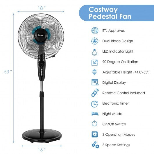 16 Inches Adjustable Height Fan with Quiet Oscillating Stand for Home and Office - Color: Black