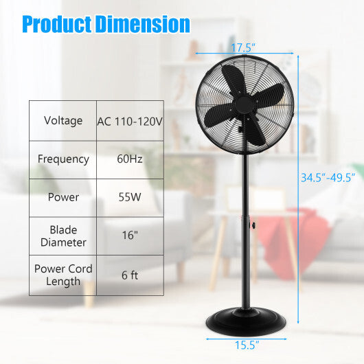 16 Inch Pedestal Standing Fan Oscillating Pedestal Fan with 3 Speeds and Adjustable Height-Black - Color: Black