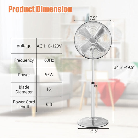 16 Inch Pedestal Standing Fan Oscillating Pedestal Fan with 3 Speeds and Adjustable Height-Silver - Color: Silver
