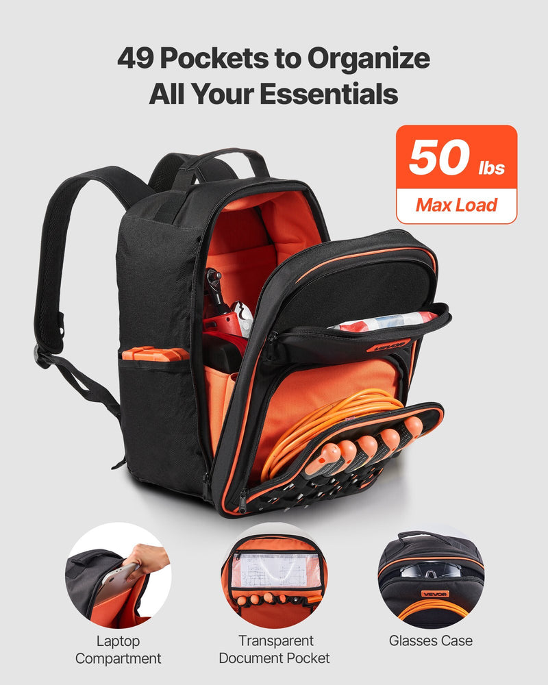 Tool Backpack, 49 Pockets, Heavy-duty Tools Storage Organizer Work Bags with Laptop Compartment & Reinforced Fabric Base, Electrician Jobsite Backpack for Electrician, Repairman