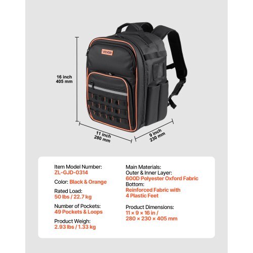 Tool Backpack, 49 Pockets, Heavy-duty Tools Storage Organizer Work Bags with Laptop Compartment & Reinforced Fabric Base, Electrician Jobsite Backpack for Electrician, Repairman