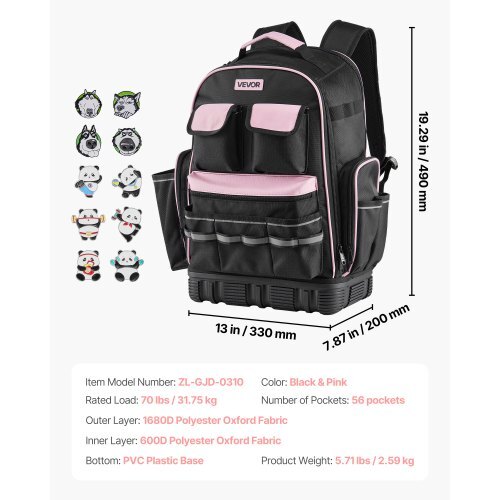 Tool Backpack, 56 Pockets, Heavy-duty Tools Storage Organizer Work Bags with Laptop Compartment & Molded Base, Electrician Jobsite Backpack for Electrician, Repairman, and HVAC Techs