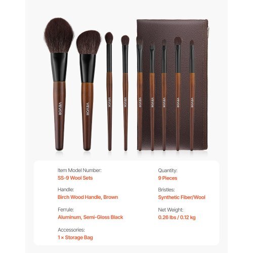 9-Piece Makeup Brush Set for Foundation Blending Eyeshadow, Professional Makeup Brush Kit with Soft Natural Wool & Vegan Synthetic Bristles, Ergonomic Wood Handle, Travel-Friendly Storage Bag