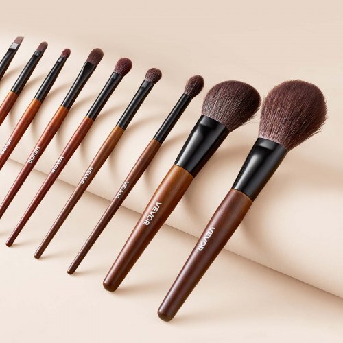 9-Piece Makeup Brush Set for Foundation Blending Eyeshadow, Professional Makeup Brush Kit with Soft Natural Wool & Vegan Synthetic Bristles, Ergonomic Wood Handle, Travel-Friendly Storage Bag