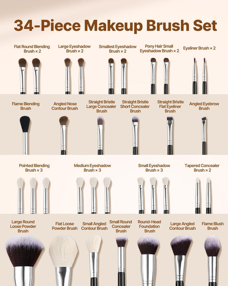 34-Piece Makeup Brush Set, Professional Brushes Kit for Foundation Blending Eyeshadow Concealer Blush - with Soft Bristles, Ergonomic Wood Handle, Travel-Friendly Case Included