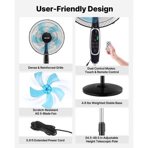 18-Inch Pedestal Fan, 2700 CFM Standing Floor Fan with Remote Control, 9 Speeds & 3 Modes, Oscillating Adjustable Height, Quiet DC Motor 5-Blade for Home, Bedroom, Garage, Workshop, Black
