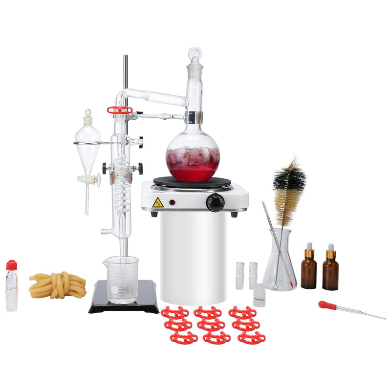 Essential Oil Distillation Kit, 500ml Distillation Apparatus, 3.3 Boro Lab Glassware Distillation Kit with 1000W Heating Plate and 24, 40 Joint, 33 pcs Set