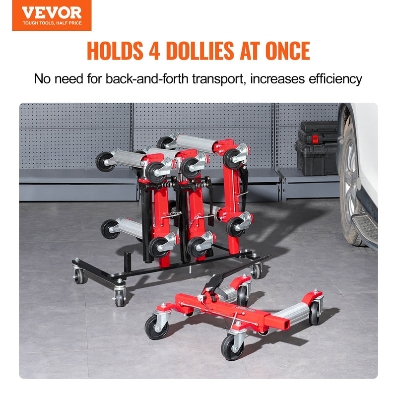 Car Dolly Rack, Storage Rack with 360? Rotatable Wheels, Hydraulic Ratchet Trolley Jack Stand Organizer, Jack Stands Holder Storage Rack, 4-Dolly Capacity, Compatible with Most Dollies