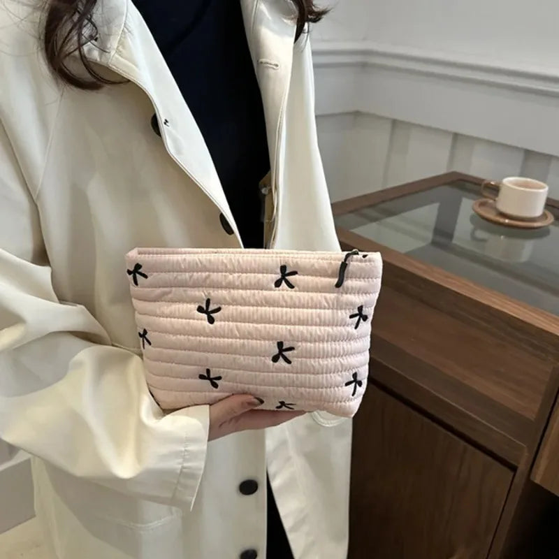 Cute Makeup Bag with Zipper Large Capacity Cosmetic Bag Embroidery Bow Wash Storage Bag