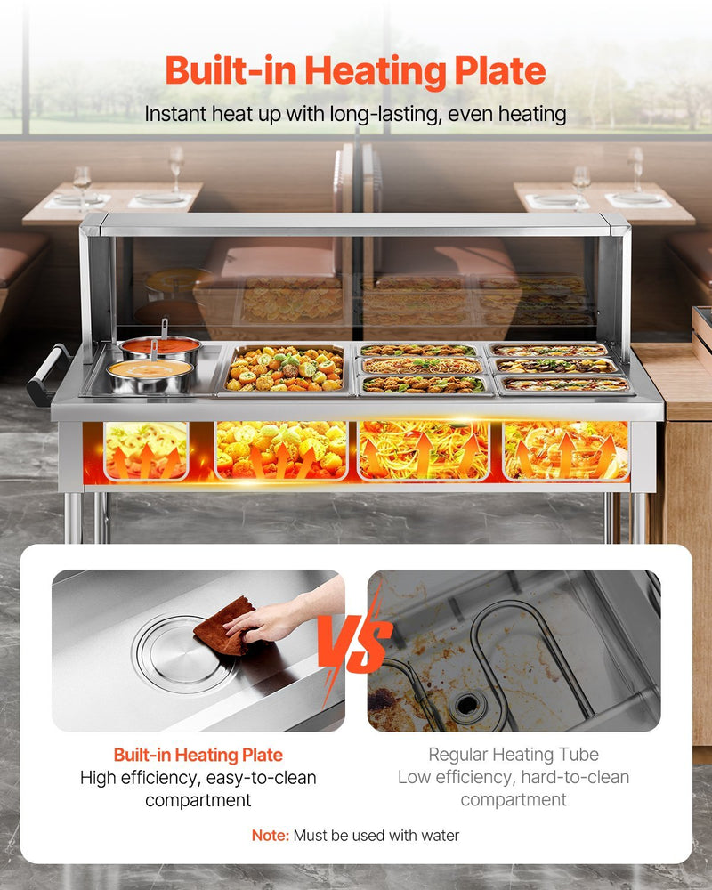 Commercial Food Warmer, 7 Pans + 2 Pots Electric Steam Table, 1800W Professional Buffet Catering Food Warmer with Shield Undershelf Wheels, Stainless Steel Server for Party Restaurant Hotel