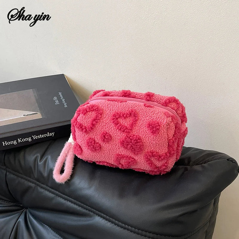 Plush Makeup Bags with Handle Soft Travel Cosmetic Storage Bag Portable Love Print Organizer Pencil Case Cute Clutch Pouch