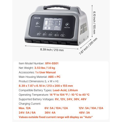 Smart Battery Charger, 12A, 6V 12V 24V 36V 48V Lithium LiFePO4 Lead-Acid (Gel / AGM) Car Battery Charger, with LCD Display, Trickle Charging Maintainer Desulfator, for Car, Boat, Motorcycle