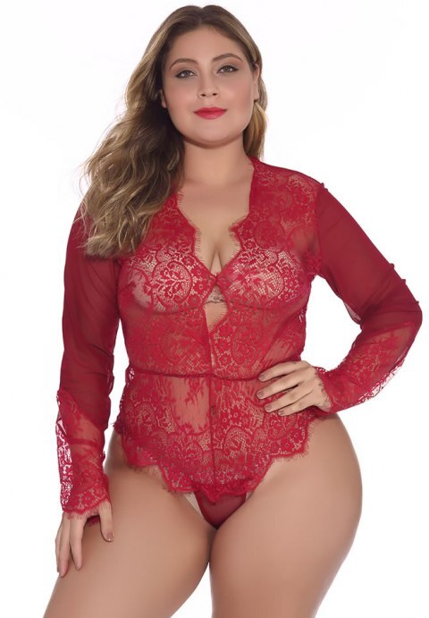 Plus Size Lace Long Sleeve Teddy