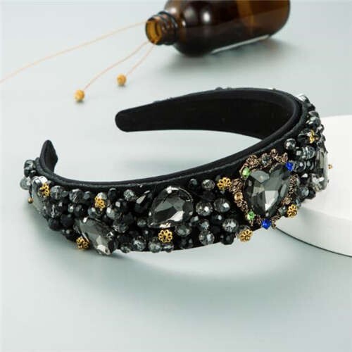 Crystal and Glass Drill Hearts Embellished Luxurious Design Bejeweled Women Headband - Black