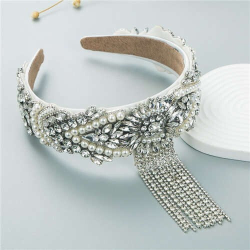 Fine Craftsmanship French Style Pearl Fringe Luxurious Bejeweled Women Headband - White