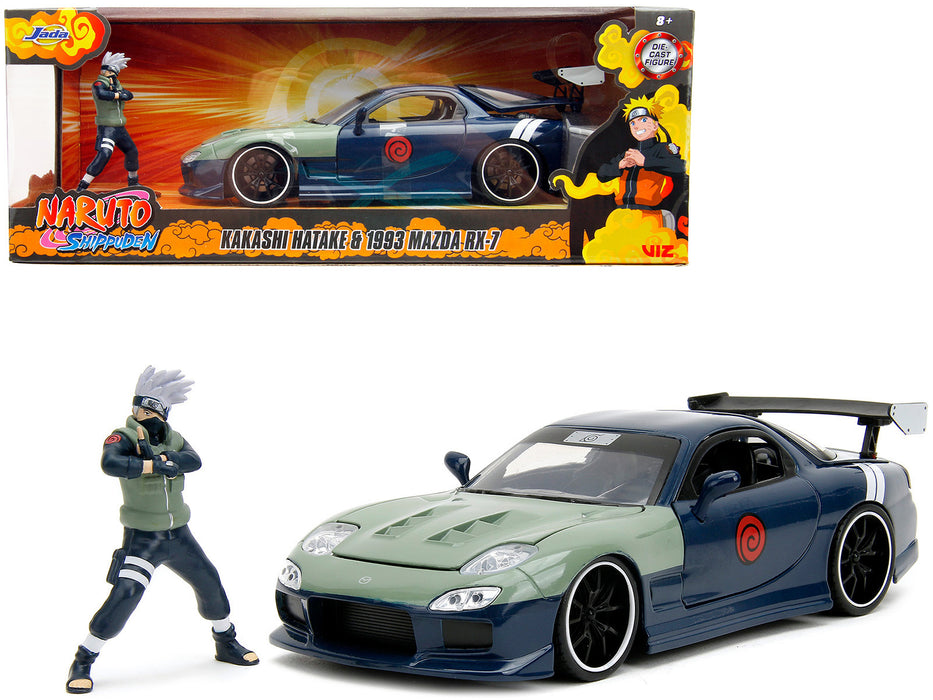 1993 Mazda RX-7 Dark Blue with Green Hood and Kakashi Hatake Diecast Figure "Naruto Shippuden" (2009-2017) TV Series "Anime Hollywood Rides" Series 1/24 Diecast Model Car by Jada