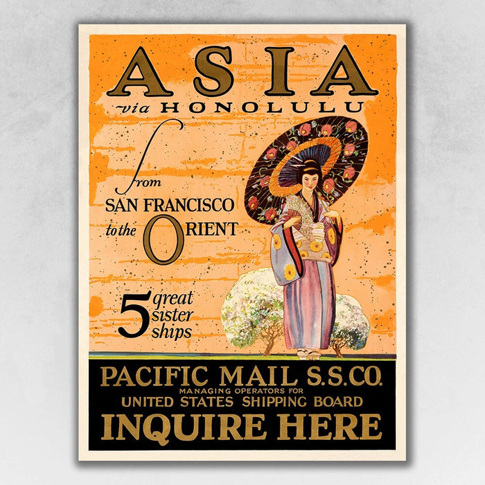 11" X 14" Asia Via Honolulu Vintage Travel Wall Art