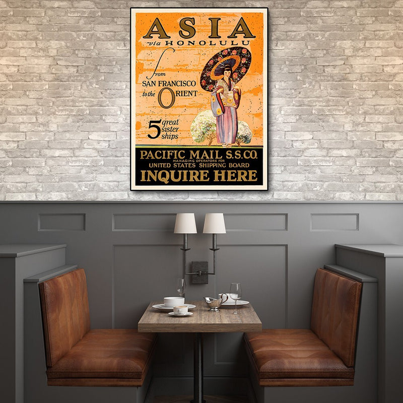 11" X 14" Asia Via Honolulu Vintage Travel Wall Art