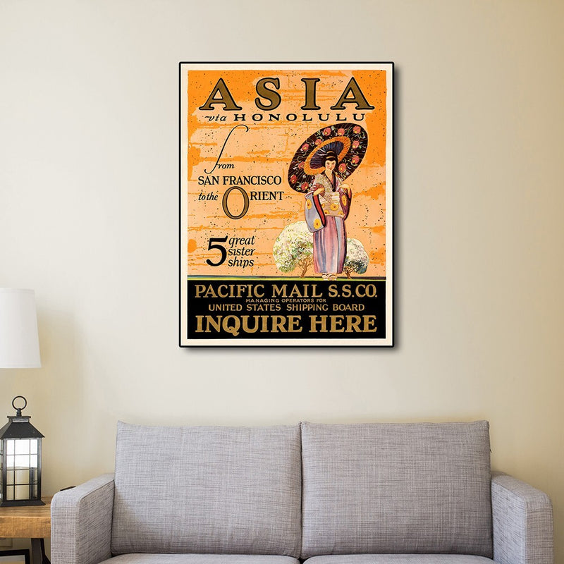 11" X 14" Asia Via Honolulu Vintage Travel Wall Art