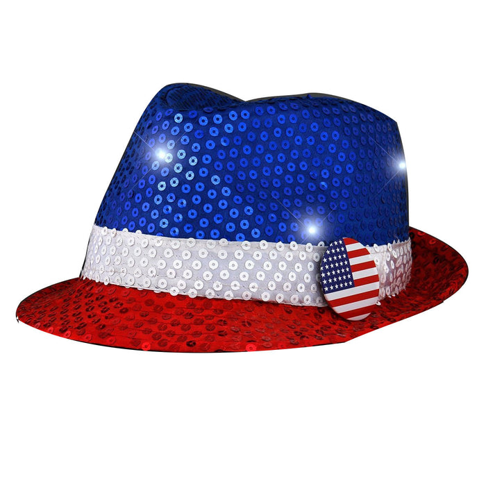 USA Flashing Fedora Hat with Red White and Blue Sequins