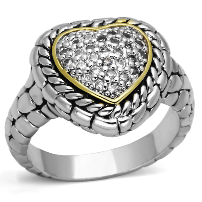 3W333 - Reverse Two-Tone Brass Ring with AAA Grade CZ  in Clear