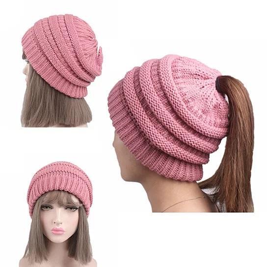 Color: E-GRAY - Pony Beanie Super Cute Cable Knit Hat