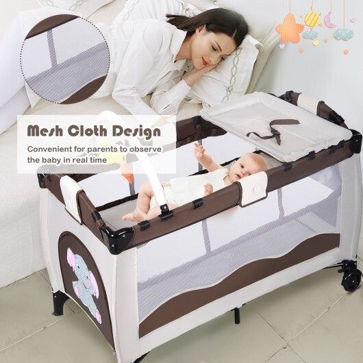 Baby Crib Playpen Playard Pack Travel Infant Bassinet Bed Foldable 4 color-COFFEE - Color: Dark Brown
