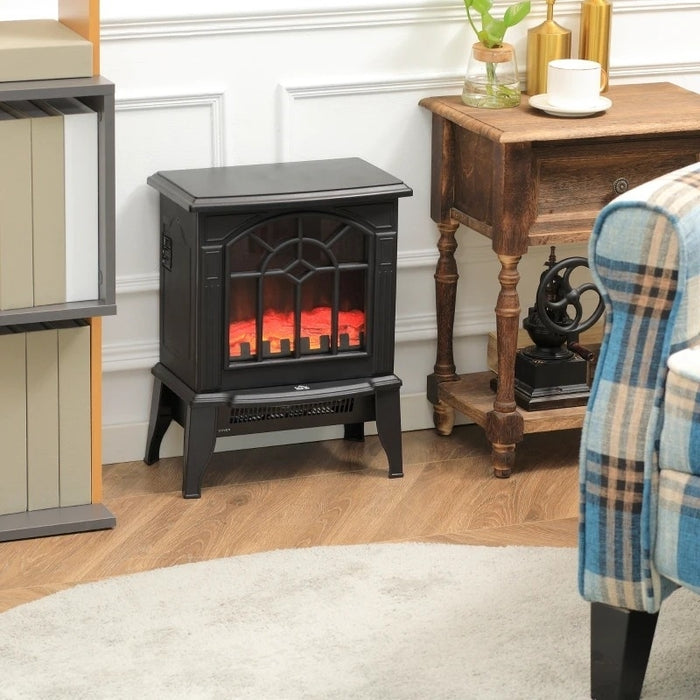 Black Electric Fireplace Heater with Realistic Log Flame LED
