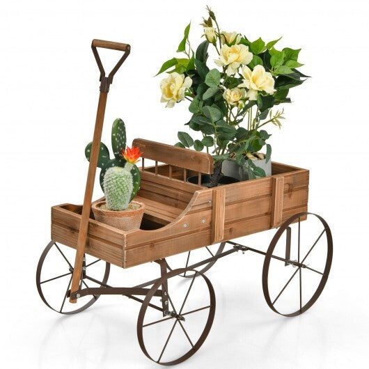 Wooden Wagon Plant Bed with Metal Wheels for Garden Yard Patio-Blue
